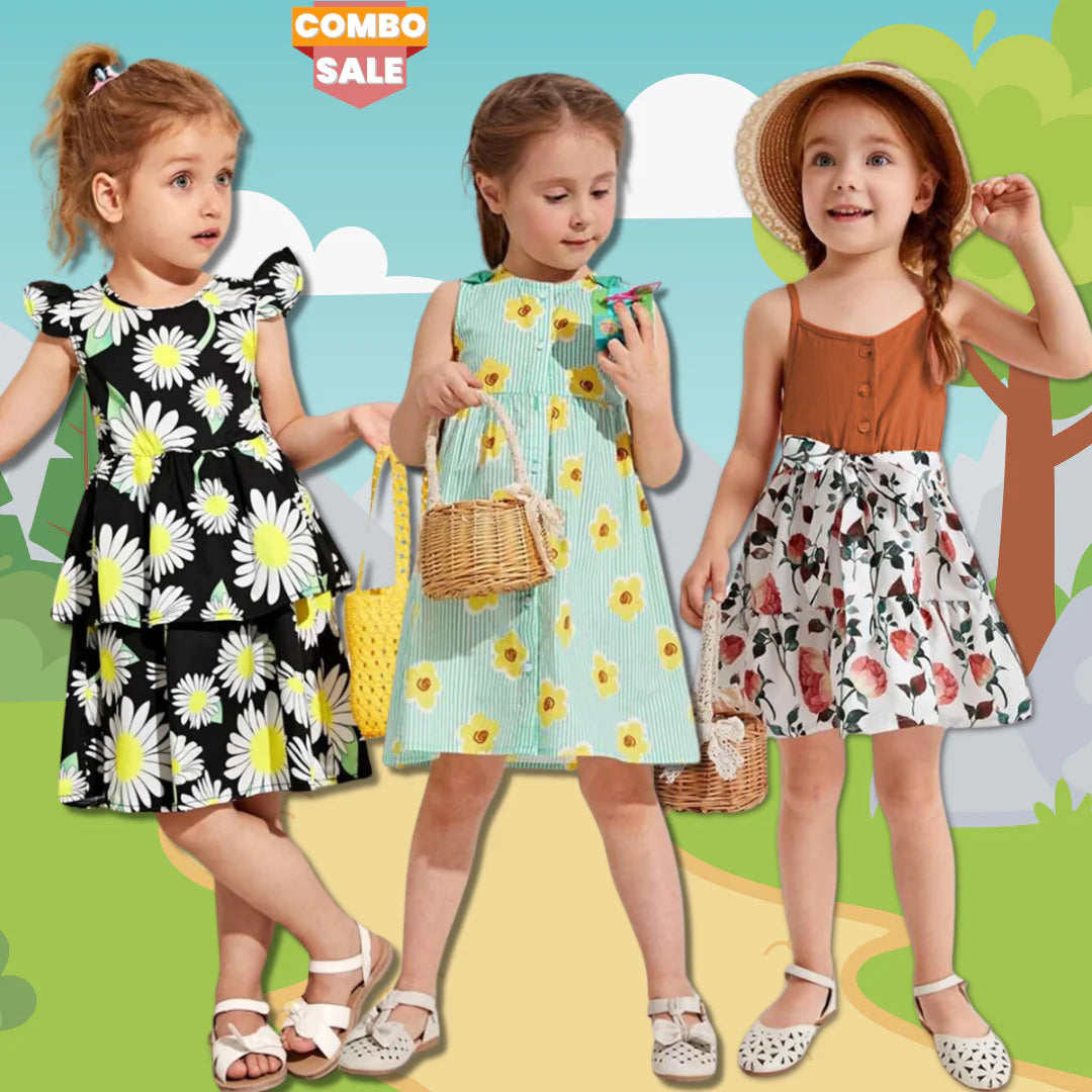 Beast4you Stylish BabyGirl's Light Green Striped Sunflower & Floral Dresses_Frocks (Combo Pack Of 3) For Kids.