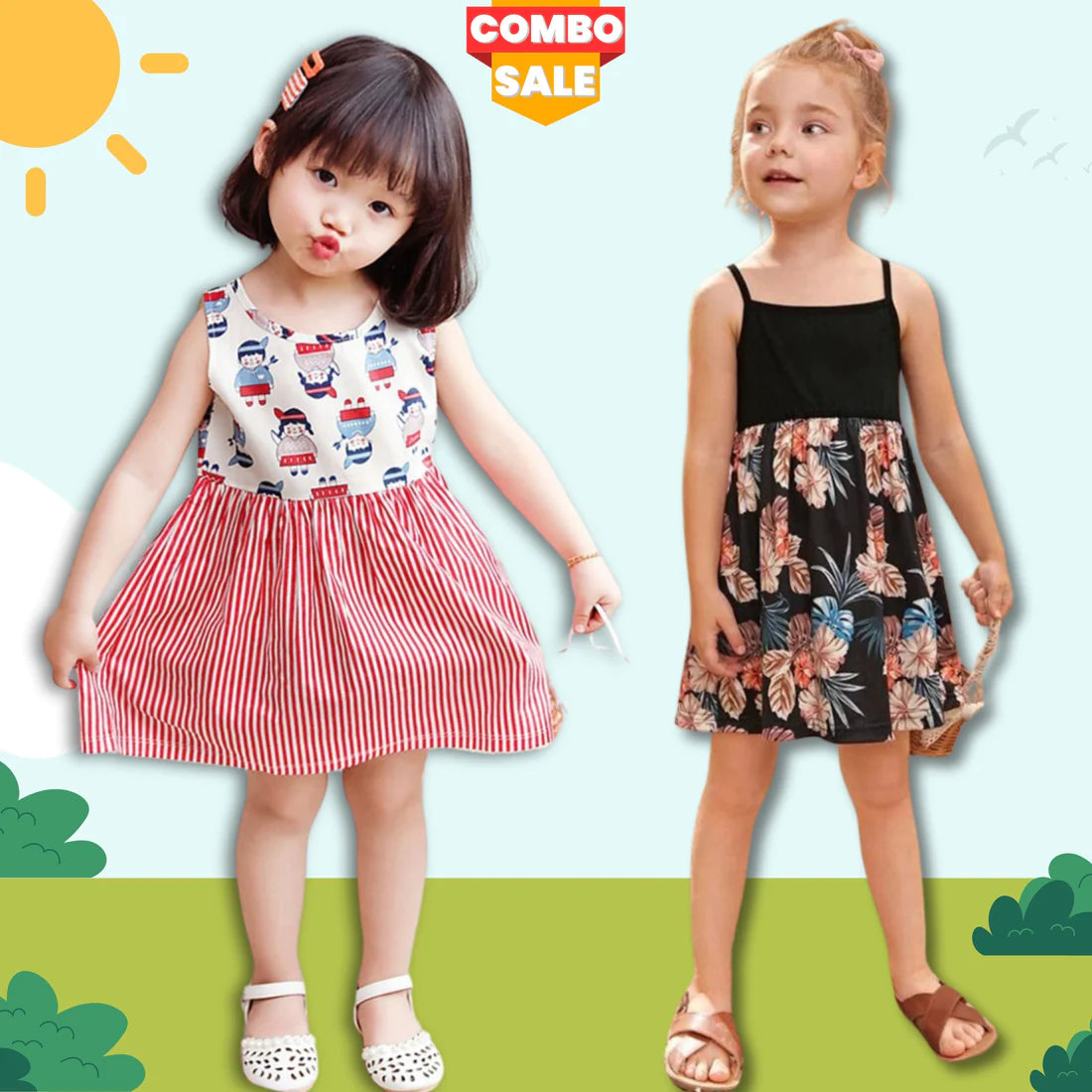 Beast4you Baby Girl's Unique Designer Barbie Doll 's & Black Floral Tunic Dress (Combo Pack Of 2) for Baby Girls.