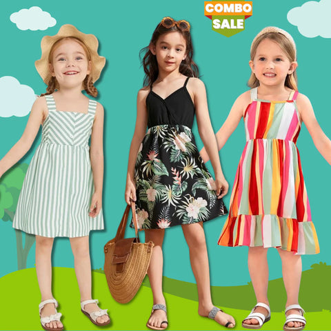 Beast4you Stylish BabyGirl's Floral & Striped Dresses_Frocks (Combo Pack Of 3) For Kids.