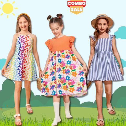 Beast4you Stylish BabyGirl's Heart & Ornage Floral & Striped Dresses_Frocks (Combo Pack Of 3) For Kids.