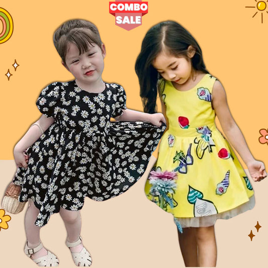 Beast4you Baby Girl's Stylish Designer Black Floral & Yellow Strawberry Tunic Dresses (Combo Pack Of 2) for Baby Girl.