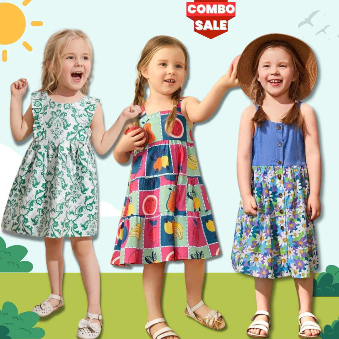 Beast4you Stylish BabyGirl's Light Green Flower & Fruits & Floral Dresses_Frocks (Combo Pack Of 3) For Kids..