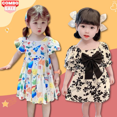 Beast4you BabyGirl Princess Pencil Drawing & Black Floral Designer Tunic Dress Combo for Baby Girls.