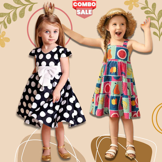 Beast4you Baby Girl's Stylish Designer Black White Dot's & Fruits Dress (Combo Pack Of 2) for Baby Girls.