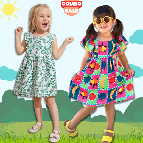 Beast4you Baby Girl's Stylish Designer Light Green Floral & Fruits Dress (Combo Pack Of 2) for Baby Girls.