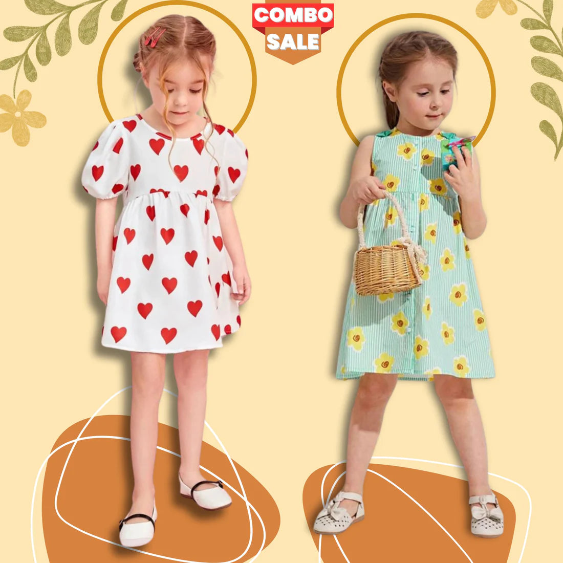 Beast4you BabyGirl's Unique Designer Heart & Light Green Floral Tunic Dress (Combo Pack Of 2) for Baby Girls.