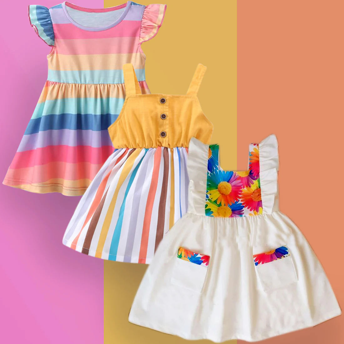 Beast4you Stylish BabyGirl's White Pocket & Yellow Multi Lining & Multicolor Lining Dresses_Frocks 3 Combo for Kids.