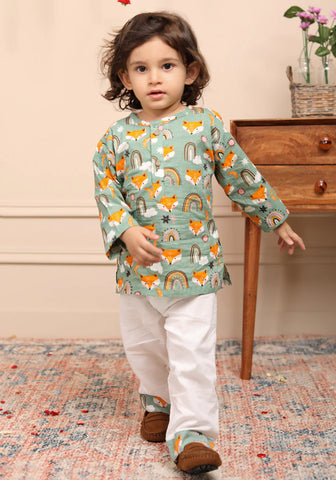 Beast4you Polka Tots Cotton Full Sleeves Wolf Rainbow Print Kurta Pyjama Set, Traditional Ethnic Wear - Green