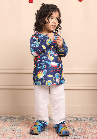 Beast4you Polka Tots Space print Full Sleeve Night wear Kurta Pyjama - Blue