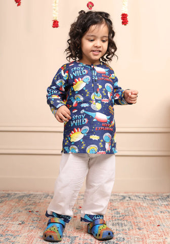 Beast4you Polka Tots Space print Full Sleeve Night wear Kurta Pyjama - Blue