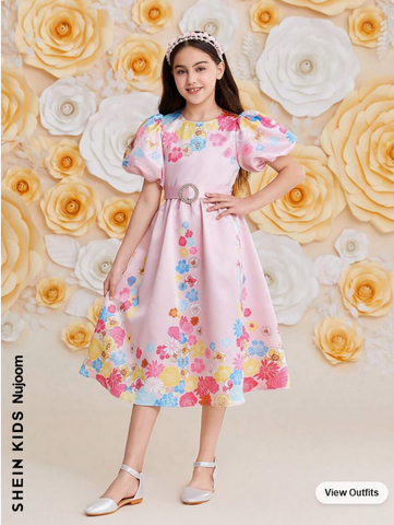 Beast4you Kids Nujoom Tween Girls' Lovely Flower Printed Round Neck Puff Sleeve Dress