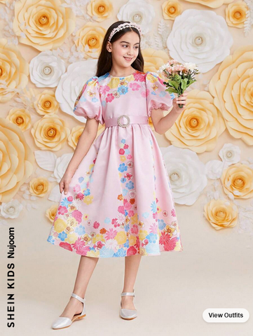 Beast4you Kids Nujoom Tween Girls' Lovely Flower Printed Round Neck Puff Sleeve Dress