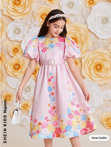 Beast4you Kids Nujoom Tween Girls' Lovely Flower Printed Round Neck Puff Sleeve Dress