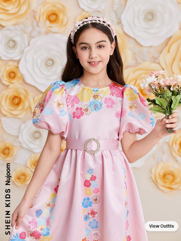 Beast4you Kids Nujoom Tween Girls' Lovely Flower Printed Round Neck Puff Sleeve Dress