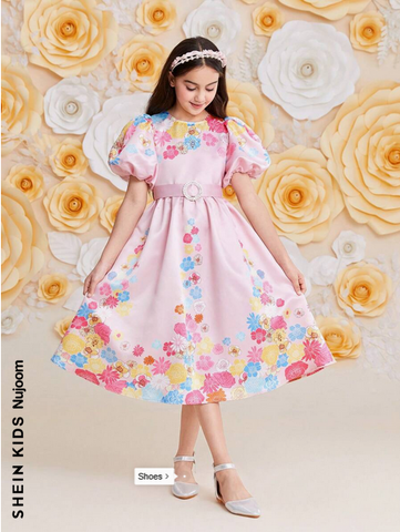 Beast4you Kids Nujoom Tween Girls' Lovely Flower Printed Round Neck Puff Sleeve Dress