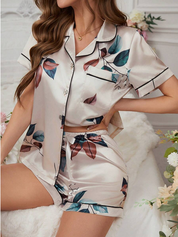 Beast4you Women's Botanical Print Satin Pajama Set