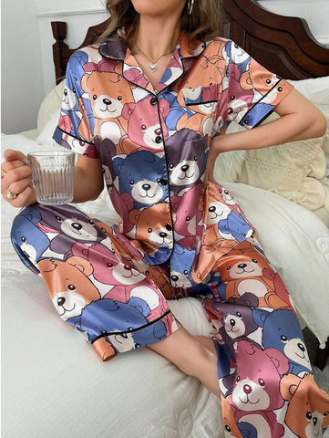 Beast4you Color-Blocking Trimmed Bear Print Imitated Silk Pajama Set With Lapel Collar And Button-Front Design