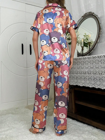 Beast4you Color-Blocking Trimmed Bear Print Imitated Silk Pajama Set With Lapel Collar And Button-Front Design