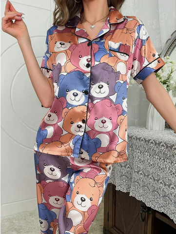 Beast4you Color-Blocking Trimmed Bear Print Imitated Silk Pajama Set With Lapel Collar And Button-Front Design