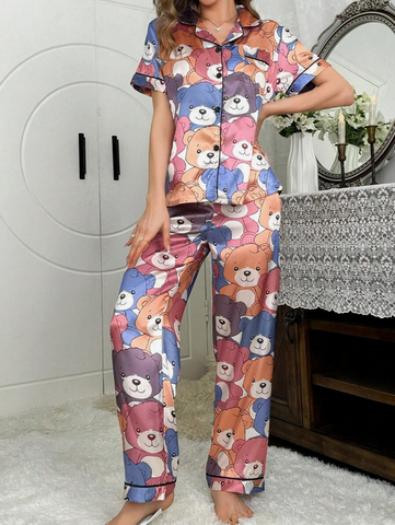 Beast4you Color-Blocking Trimmed Bear Print Imitated Silk Pajama Set With Lapel Collar And Button-Front Design