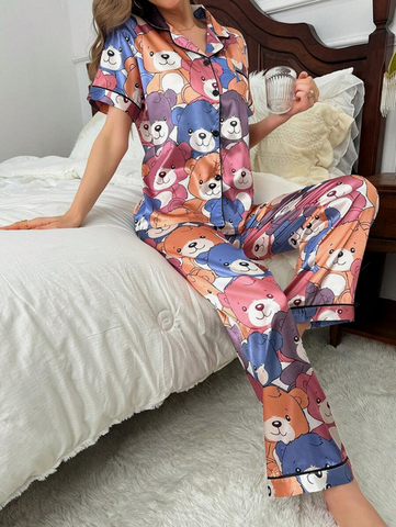 Beast4you Color-Blocking Trimmed Bear Print Imitated Silk Pajama Set With Lapel Collar And Button-Front Design