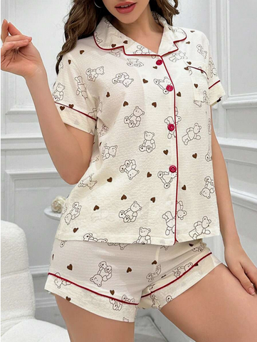 Beast4you Teddy Bear & Heart Print Short Sleeve Top And Shorts Sleepwear Set With Contrast Trimmed Collar