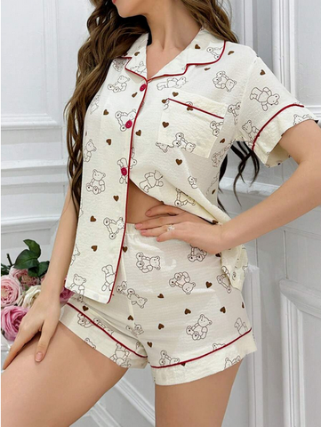 Beast4you Teddy Bear & Heart Print Short Sleeve Top And Shorts Sleepwear Set With Contrast Trimmed Collar