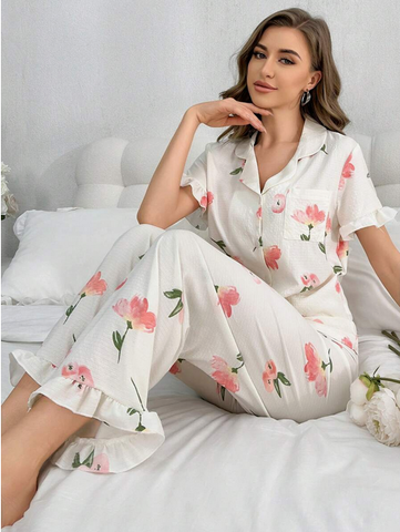 Beast4you Floral Printed Short Sleeve Shirt And Long Pants Sleepwear Set With Ruffle Details