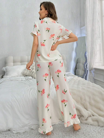 Beast4you Floral Printed Short Sleeve Shirt And Long Pants Sleepwear Set With Ruffle Details