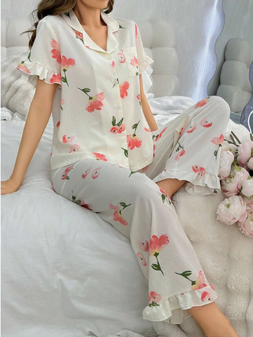 Beast4you Floral Printed Short Sleeve Shirt And Long Pants Sleepwear Set With Ruffle Details