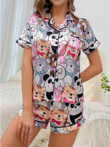 Beast4you Cartoon Graphic Contrast Piping PJ Set