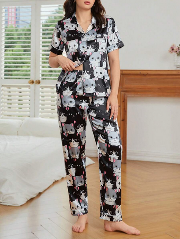 Beast4you Cartoon Graphic Contrast Piping PJ Set