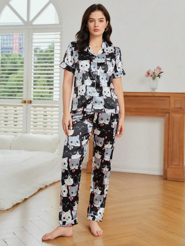 Beast4you Cartoon Graphic Contrast Piping PJ Set