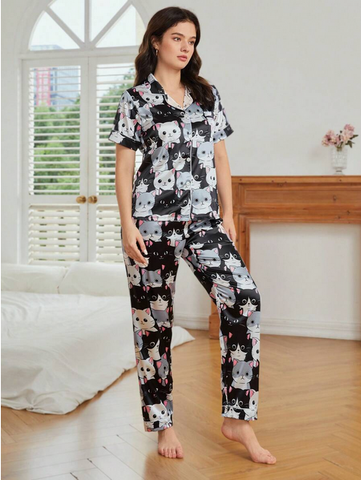 Beast4you Cartoon Graphic Contrast Piping PJ Set