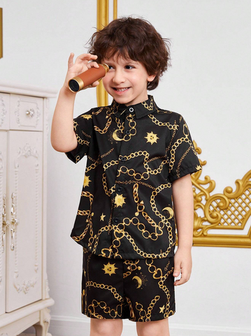 Beast4you Young Boy Chain Pattern Printed Short Sleeve Shirt And Shorts Two Piece Set