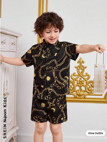 Beast4you Young Boy Chain Pattern Printed Short Sleeve Shirt And Shorts Two Piece Set