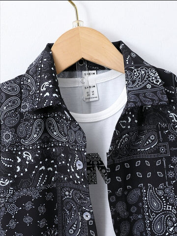 Beast4you Young Boy Black And White Paisley Pattern Casual Cool Turn-Down Collar Regular Sleeve Three-Piece Set For Summer