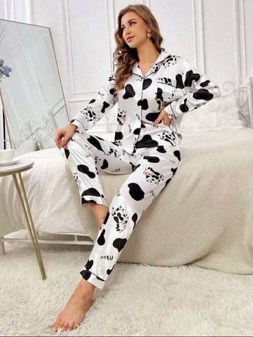 Beast4you Letter Cow Print Contrast Piping Satin PJ Set