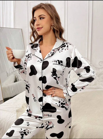 Beast4you Letter Cow Print Contrast Piping Satin PJ Set