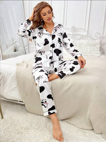 Beast4you Letter Cow Print Contrast Piping Satin PJ Set