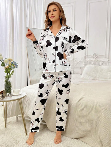 Beast4you Letter Cow Print Contrast Piping Satin PJ Set