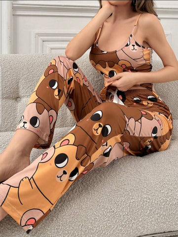 Beast4you Cartoon Printed Tank Top & Long Pants Pajama Set