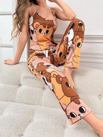 Beast4you Cartoon Printed Tank Top & Long Pants Pajama Set