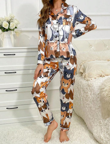 Beast4you Cartoon Graphic Contrast Piping Satin PJ Set