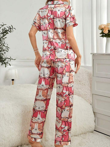 Beast4you Adorable Cat Printed Lapel 2-Piece Women's Pajama Set