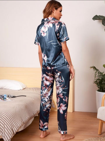 Beast4you Floral Print Satin Lapel Pyjama Set