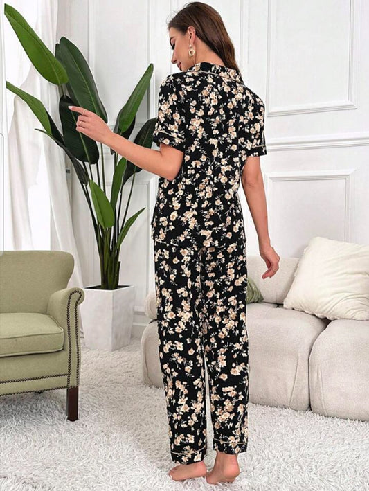 Beast4you Floral Print Contrast Piping PJ Set