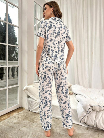 Beast4you Floral Print Contrast Piping PJ Set