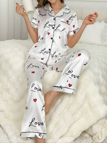 Beast4you Letter & Heart Print Collared Silk-Like Pajama Set