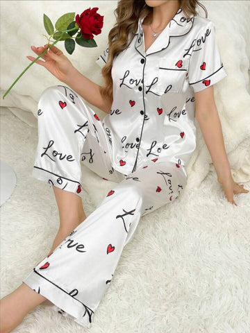 Beast4you Letter & Heart Print Collared Silk-Like Pajama Set